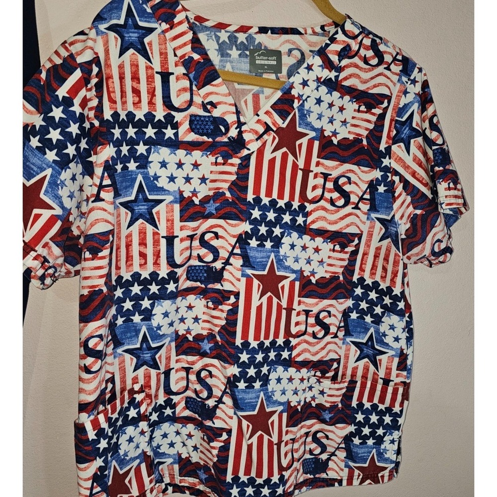 Buttersoft XL Patriotic USA 250 Scrub Top Shirt Americana Cotton 4th July Flag